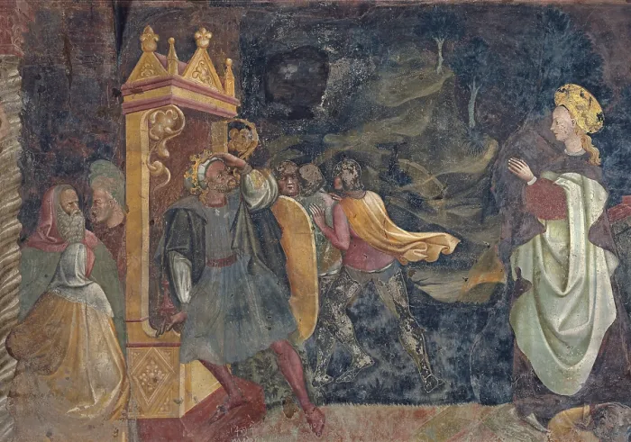 Framed Print : The Miracle of the Wheel, by the Master of the Saga of Carpi, 1420 - 1440, 15th Century, fresco - Italy, Emilia Romagna, Carpi, church of Santa maria in Castello