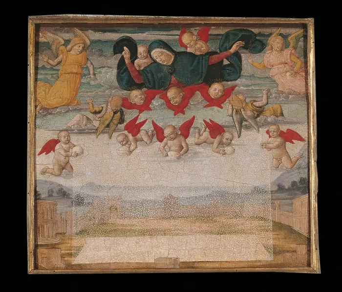 Framed Print : Miraculous Snowfall on the Esquiline Hill, by Gerolamo di Benvenuto, 1508, 16th Century, cm 31, 7 x 36, 8 - Italy, Tuscany, Florence, Longhi Foundation. All