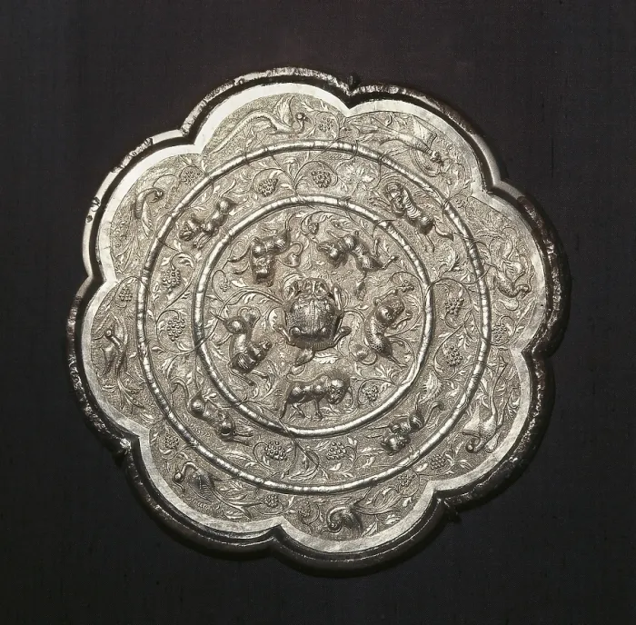 Framed Print : Mirror. 618 - 907. Bronze with silver sheet. Decorated with vegetal and animal motifs. Chinese art. Tang period. Jewelry. UNITED KINGDOM. London. Victoria and Albert Museum