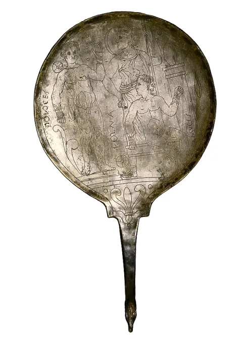 Framed Print : Mirror engraved with Athena and Hercules. Etruscan art. Decorative Arts. SPAIN. Madrid. National Museum of Archaeology. AISA / Everett Collection**US SALES ONLY**