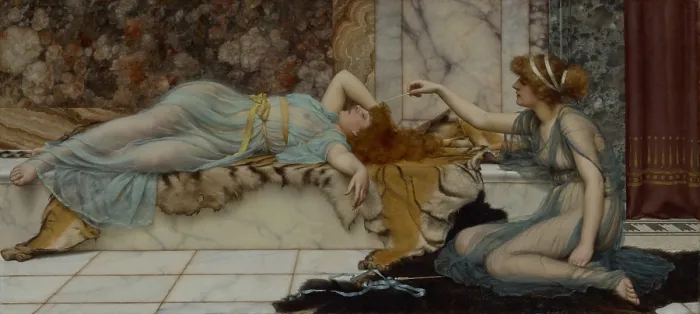 Framed Print : Mischief and Repose, by John William Godward, 1895, English painting, oil on canvas Framed Print : Mischief and Repose, by John William Godward, 1895, English painting, oil on canvas
