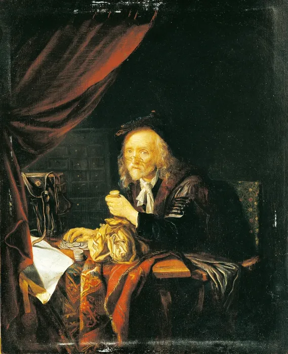 Framed Print : The Miser, by Dominicus van Tol, ca. 1650 - 1675, 17th Century, oil on panel, 39 x 32 cm - Italy, Lombardy, Milan, Castello Sforzesco, Civic Collections of Ancient Art