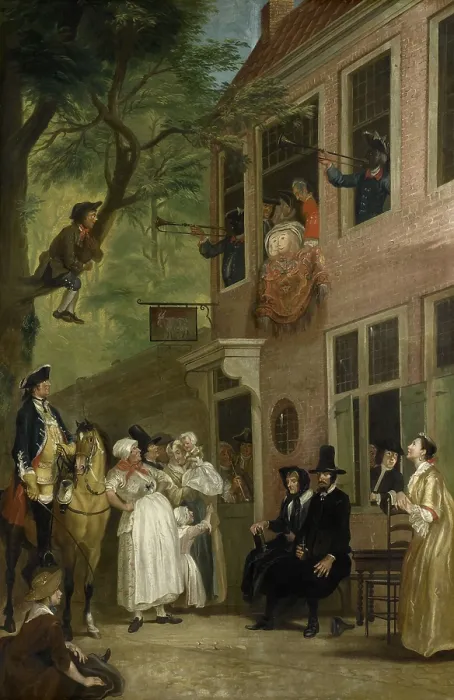 Framed Print : Misled: The Ambassador of the Rascals Exposes himself from the Window of t Bokki Tavern in the Haarlemmerhout, by Cornelis Troost, 1739-50, Dutch painting, oil on canvas