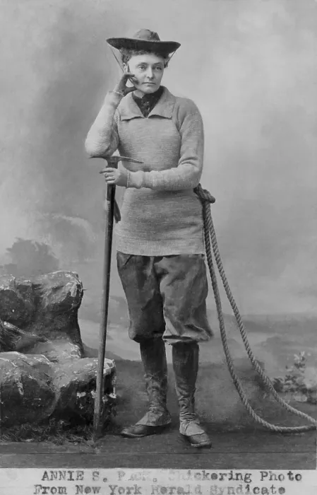 Framed Print : Miss Annie S. Peck, in her mountaineering gear, 1911. She wears a tunic sweater over trousers tucked into gaiters over climbing boots Framed Print : Miss Annie S. Peck, in her mountaineering gear, 1911. She wears a tunic sweater over trousers tucked into gaiters over climbing boots