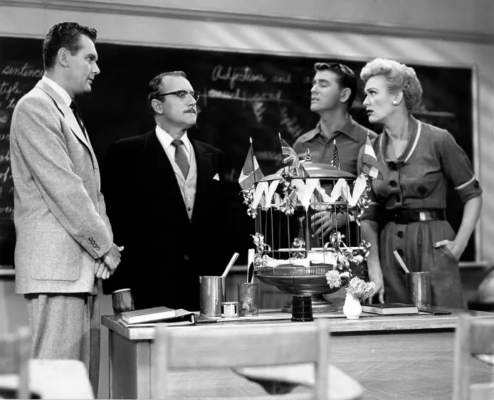 Framed Print : OUR MISS BROOKS, from left: Robert Rockwell, Gale Gordon, Richard Crenna, Eve Arden, Capistrano's Revenge, (Season 1, ep. 137, aired June 19, 1953), 1952-1956 Framed Print : OUR MISS BROOKS, from left: Robert Rockwell, Gale Gordon, Richard Crenna, Eve Arden, Capistrano's Revenge, (Season 1, ep. 137, aired June 19, 1953), 1952-1956