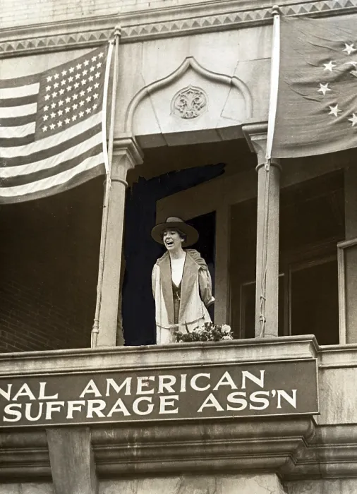 Framed Print : Miss Jeannette Rankin, of Montana, speaking from the balcony of the National American Woman Suffrage Association, Washington, DC. Monday, April 2, 1917