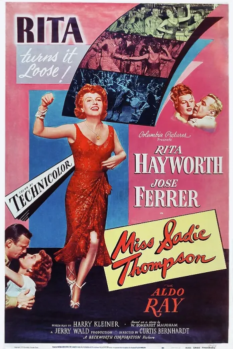 Framed Print : MISS SADIE THOMPSON, center: Rita Hayworth, top l-r: Rita Hayworth, Jose Ferrer, bottom: Aldo Ray, Rita Hayworth on poster art, 1953