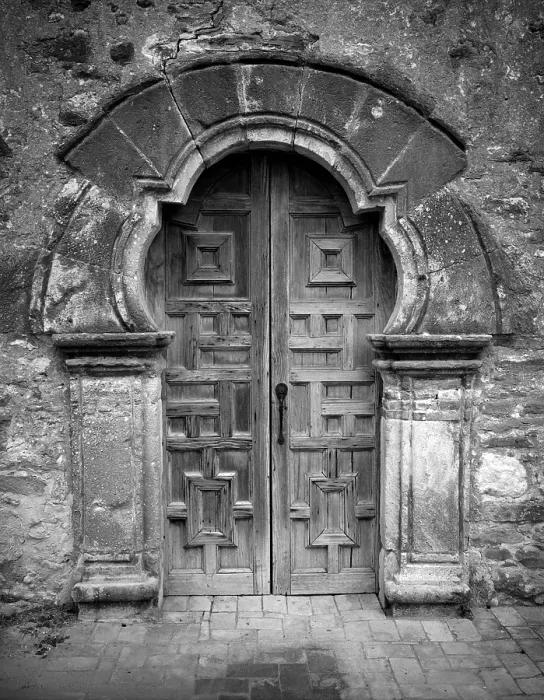 Framed Print : Mission San Francisco de la Espada, detail of the front door. San Antonio, Texas