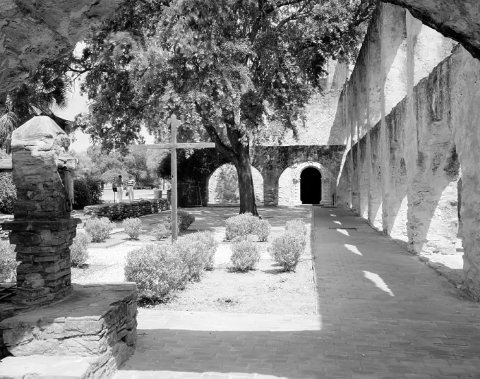 Framed Print : Mission San Jose y San Miguel de Aguayo, San Antonio, view of the arch arcade near the convent. Texas. 1936