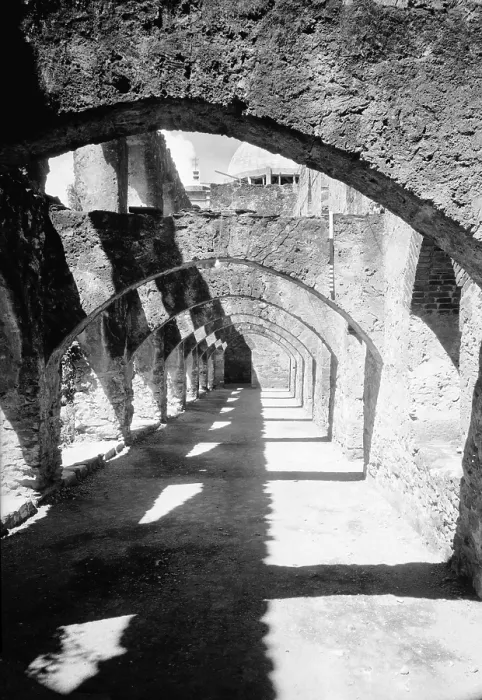 Framed Print : Mission San Jose y San Miguel de Aguayo, San Antonio, view of the arch arcade near the convent. Texas. 1936