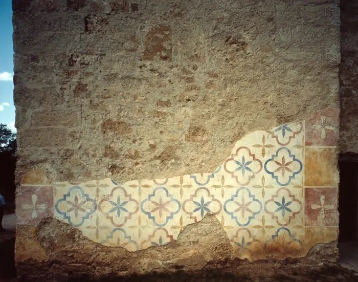 Framed Print : Mission San Jose y San Miguel de Aguayo, detail of decorative plaster on the south wall of the front bell tower. San Antonio, Texas