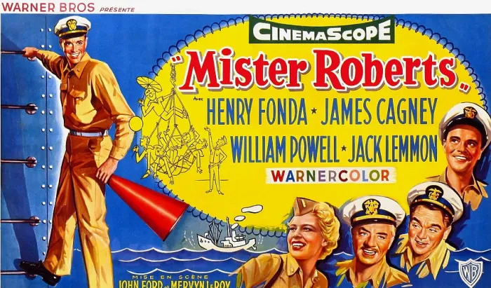 Framed Print : MISTER ROBERTS, left: Henry Fonda, bottom l-r: Betsy Palmer, William Powell, James Cagney, Jack Lemmon on Belgian poster art, 1955