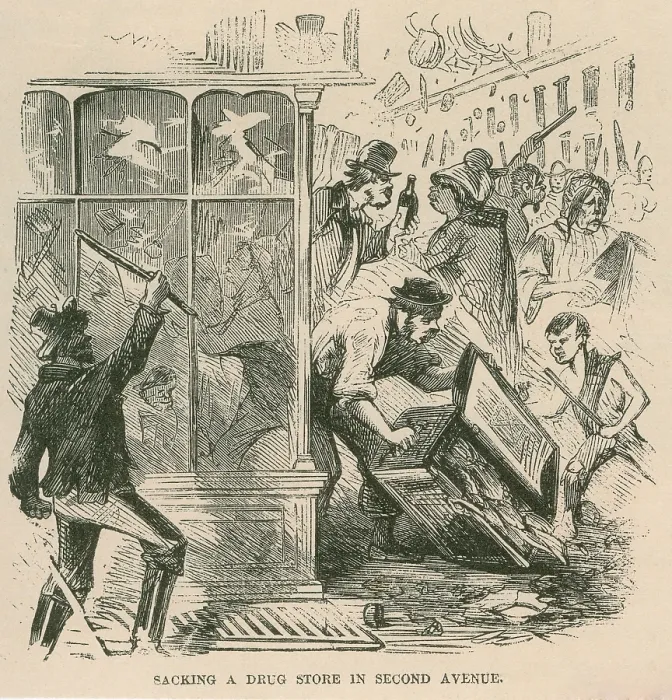 Framed Print : Mob looting of a drug store on Second Avenue during Draft Riots in New York City of July 13-16, 1863