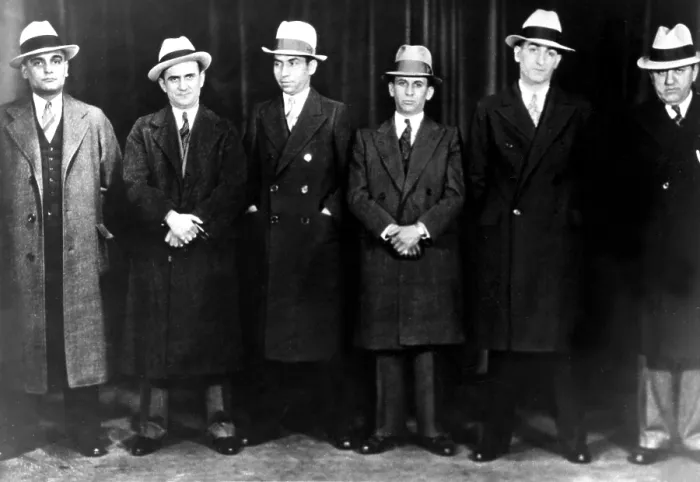 Framed Print : Mobsters (Left to right): Paul Ricca, Salvatore Agoglia, Lucky Luciano, Meyer Lansky, John Senna, Harry Brown in 1932.. Courtesy: CSU Archives  /  Everett Collection