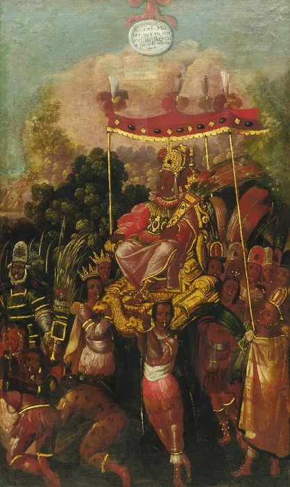 Framed Print : Moctezuma (Montezuma) II is carried on a golden litter by his Aztec subjects. He reigned as Aztec emperor from 1502-1520