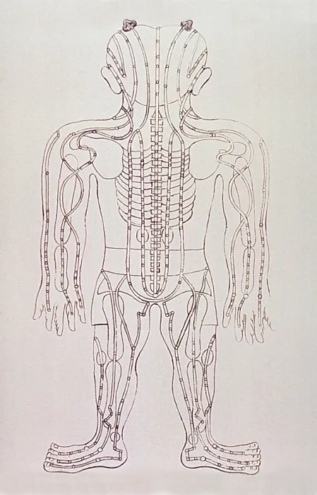 Framed Print : Model for acupuncture, an engraving from GRANDEUR AND SUPREMACY OF PEKING, by Alphonse Hubrecht, 1928. Engraving