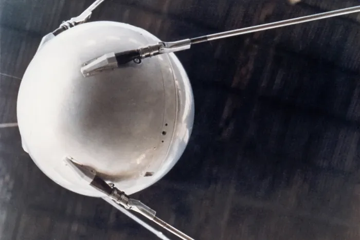 Framed Print : A model of Sputnik 1, the first human-made object in space. The Earth-orbiting artificial satellite was launched by the Soviet Union on October 4, 1957