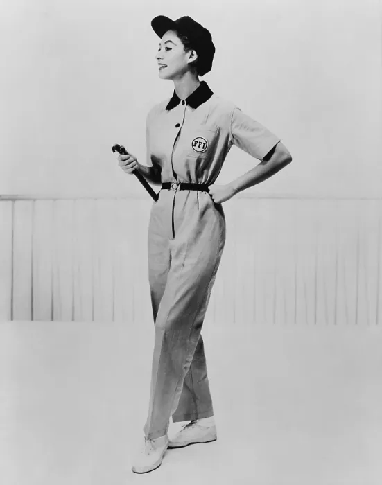 Framed Print : Model wearing coveralls with insignia FFI (Fashion for Industry) and matching cap. 1953