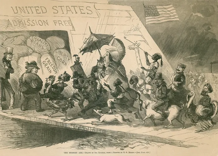 Framed Print : THE MODERN ARK. Political cartoon satirizing unrestricted immigration into United States in 1871