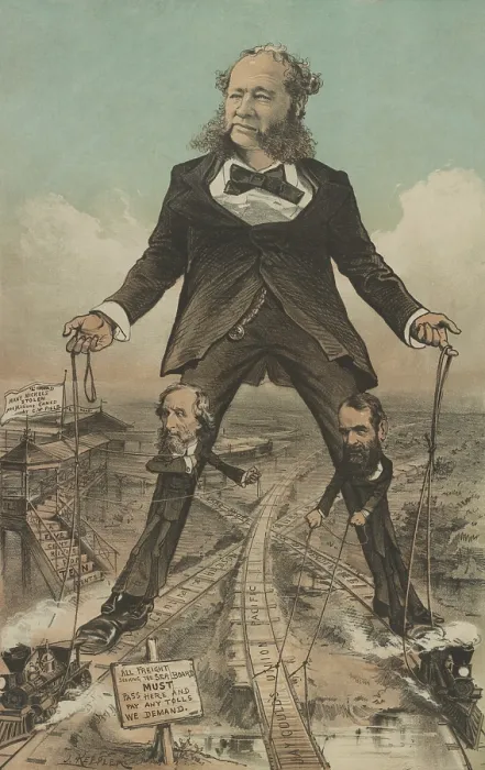 Framed Print : THE MODERN COLOSSUS OF (RAIL) ROADS, 1879 political cartoon in PUCK MAGAZINE