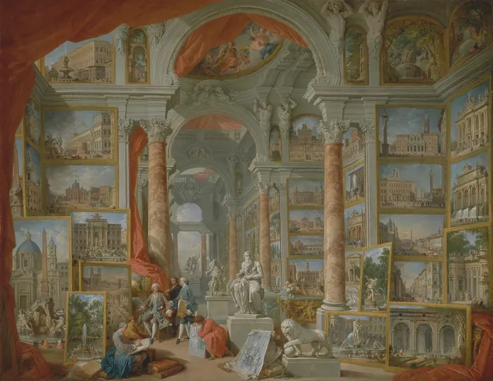 Framed Print : MODERN ROME, by Giovanni Paolo Panini, 1757, Italian painting, oil on canvas. Hanging in a large gallery are paintings of the most famous modern monuments of Rome as of 1750