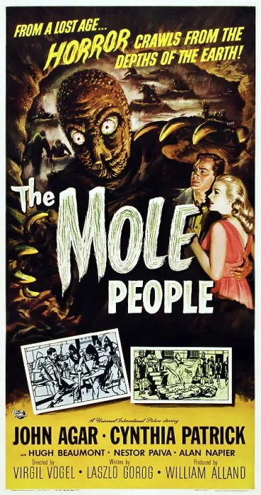 Framed Print : THE MOLE PEOPLE, US poster, from left: John Agar, Cynthia Patrick, 1956