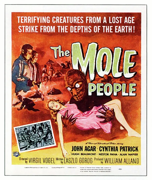 Framed Print : THE MOLE PEOPLE, upper left, with flashlight: Hugh Beaumont; girl in pink dress, center: Cynthia Patrick; window card poster art, 1956 Framed Print : THE MOLE PEOPLE, upper left, with flashlight: Hugh Beaumont; girl in pink dress, center: Cynthia Patrick; window card poster art, 1956