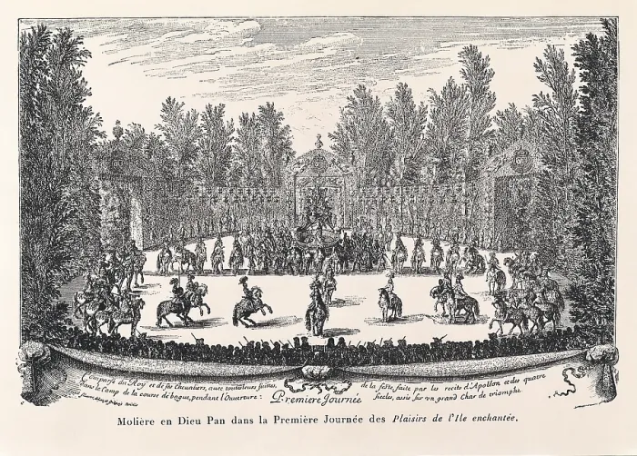 Framed Print : MOLIERE, Jean-Baptiste Poquelin, called (1622-1673). French dramatist and actor. Representation of the work 'Plaisirs de l'Ile echante'. Engraving. SPAIN. Barcelona