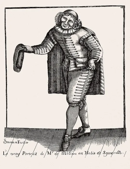 Framed Print : MOLIERE, Jean-Baptiste Poquelin, called (1622-1673). Molire characterized as Sganarelle, main character of the homonymous comedy (1660). Xylography. SPAIN. Barcelona