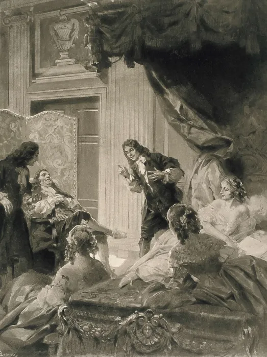 Framed Print : MOLIERE, Jean-Baptiste Poquelin, called (1622-1673). Illustration by Ren Lelong showing Molire as Boileau, Bernier, Mme. de la Sablire, Mme