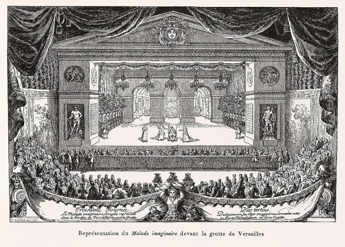 Framed Print : MOLIERE, Jean-Baptiste Poquelin, called (1622-1673). Performance before the Versailles court of 'Le Malade imaginaire' (The Hypochondriac) (1676). Etching. SPAIN