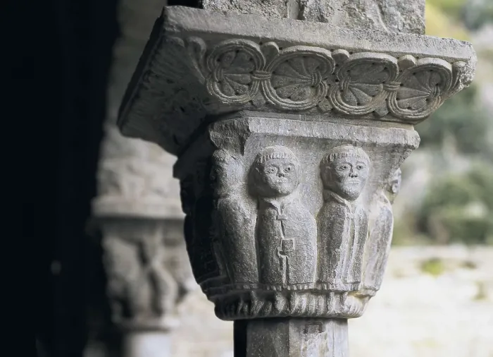Framed Print : Monastery of Sant Mart del Canig. Cloister. 11th c. - 13th c. FRANCE. Casteil. Abbey of Sant Mart del Canig. Cloister capital with profane scene. Romanesque art. Relief on marble Framed Print : Monastery of Sant Mart del Canig. Cloister. 11th c. - 13th c. FRANCE. Casteil. Abbey of Sant Mart del Canig. Cloister capital with profane scene. Romanesque art. Relief on marble