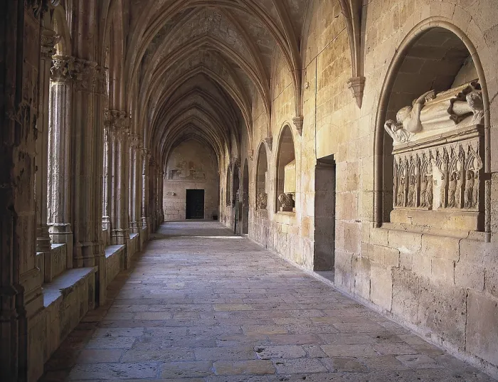 Framed Print : Monastery of Santes Creus. SPAIN. CATALONIA. TARRAGONA. Aiguamrcia. Monastery of Santes Creus. Main cloister. Gallery with tombs of Catalan noble families. Cistercian art Framed Print : Monastery of Santes Creus. SPAIN. CATALONIA. TARRAGONA. Aiguamrcia. Monastery of Santes Creus. Main cloister. Gallery with tombs of Catalan noble families. Cistercian art