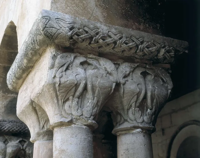 Framed Print : Monastery of Santo Domingo de Silos. s.XI-s.XII. SPAIN. Santo Domingo de Silos. Monastery of Santo Domingo (St. Dominic). Cloister capitals decorated with birds. Romanesque art