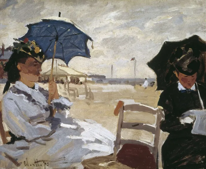 Framed Print : MONET, Claude (1840-1926). The Beach at Trouville. 1870. This painting is one of five beach scenes produced by Monet in the summer of 1870