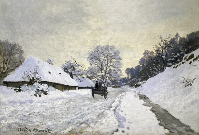 Framed Print : MONET, Claude (1840-1926). The Cart, or Road under Snow at Honfleur. 1867. With Saint-Simeon's farm. Impressionism. Oil on canvas. FRANCE. Paris