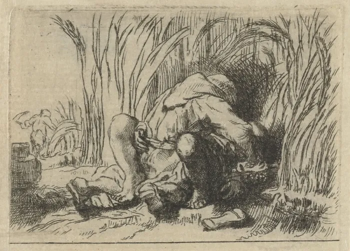 Framed Print : The Monk in the Corn, by Rembrandt van Rijn, 1646, Dutch print, etching and drypoint on paper. This is one Rembrandt's few erotic works Framed Print : The Monk in the Corn, by Rembrandt van Rijn, 1646, Dutch print, etching and drypoint on paper. This is one Rembrandt's few erotic works