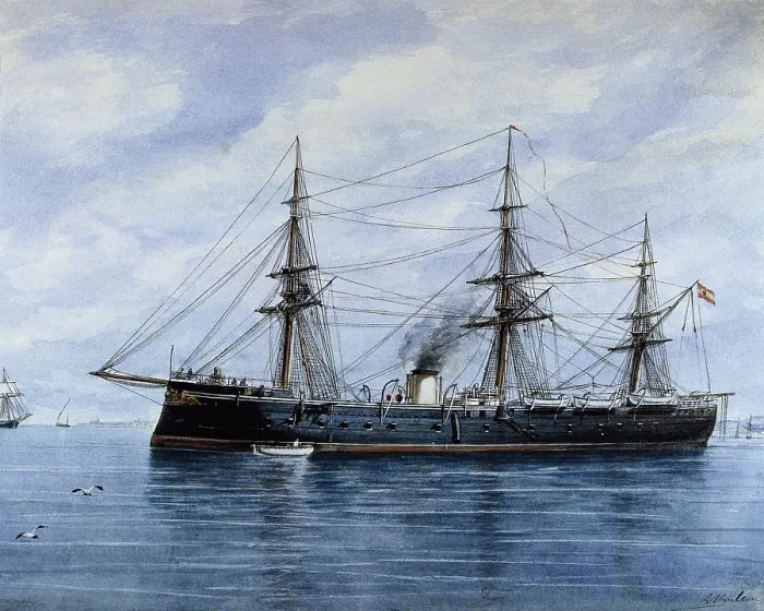 Framed Print : MONLEON Y TORRES, Rafael (1835-1900). Numancia Frigate. Ship built in 1863, it was used in 1870 by Amadeo of Spain to travel from Italy to Spain. Watercolour. SPAIN. Madrid Framed Print : MONLEON Y TORRES, Rafael (1835-1900). Numancia Frigate. Ship built in 1863, it was used in 1870 by Amadeo of Spain to travel from Italy to Spain. Watercolour. SPAIN. Madrid
