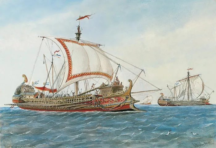 Framed Print : MONLEON Y TORRES, Rafael (1835-1900). History of the navigation. Greek navy. triremes of 5th century B.C. Watercolour. SPAIN. Madrid. Navy Museum
