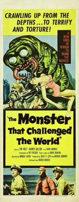 Framed Print : THE MONSTER THAT CHALLENGED THE WORLD, bottom from left: Tim Holt, Max Showalter, (aka, Casey Adams), Harlan Warde, 1957