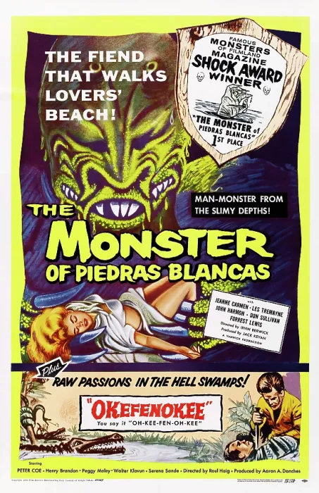 Framed Print : THE MONSTER OF PIEDRAS BLANCAS, double bill poster with OKEFENOKEE, Jeanne Carmen (center), 1959