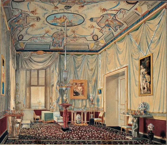 Framed Print : Montagny Elie-Honor, The Room of Carolina Murat in the Palazzo Reale in Naples, 1811, 19th Century, watercolor, Italy, Lazio, Rome