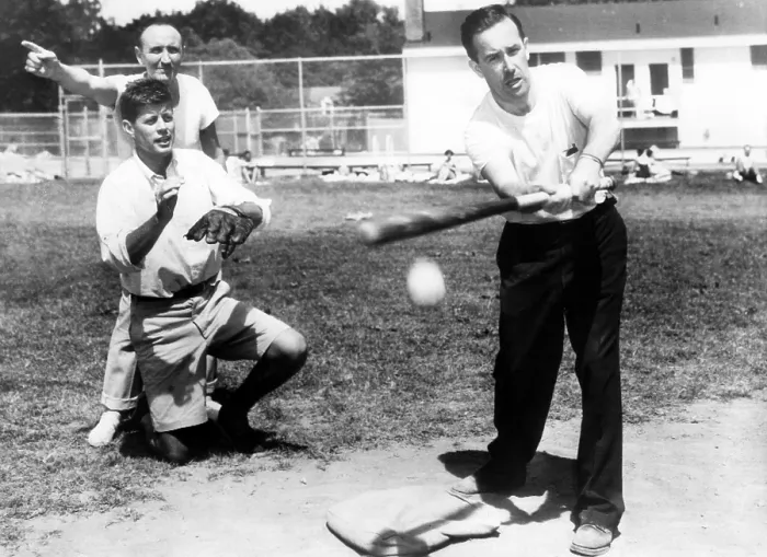 Framed Print : Montana Senator Mike Mansfield (pointing), Massachusetts Senator John F. Kennedy, Washington Senator Henry Jackson, playing baseball in Washington, D.C. c. 1950's