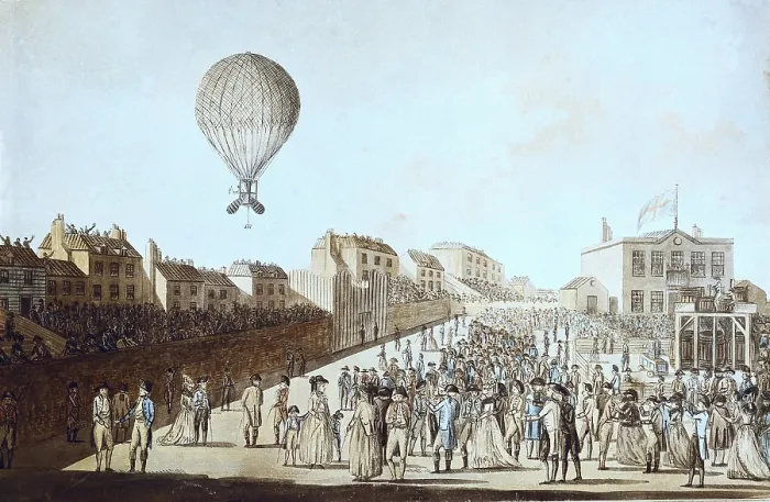 Framed Print : One of the Montgolfier brothers departing from England (18th c.). Engraving. - BeBa / Iberfoto / Everett Collection (225388)**US SALES ONLY** Framed Print : One of the Montgolfier brothers departing from England (18th c.). Engraving. - BeBa / Iberfoto / Everett Collection (225388)**US SALES ONLY**