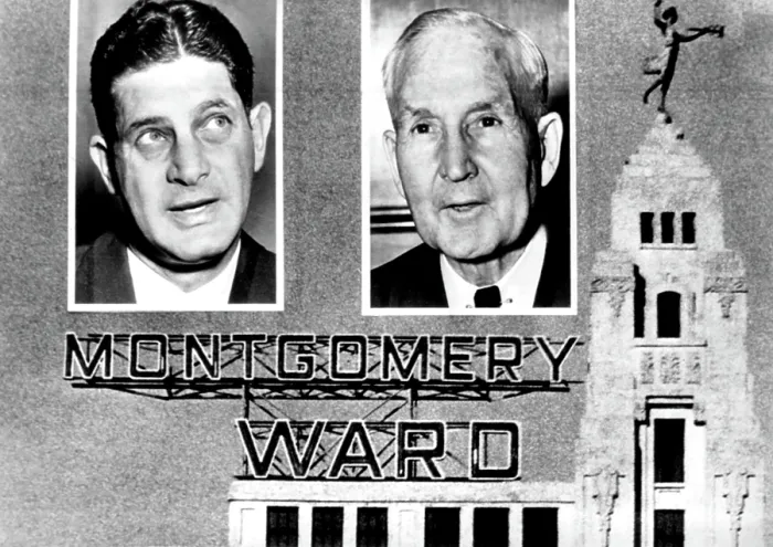 Framed Print : Montgomery Ward and Company, Chicago headquarters, (L), financier, Louis Wolfson, vies with (R), Chairman of the Board, Sewell Avery for control of the company. April 21, 1955