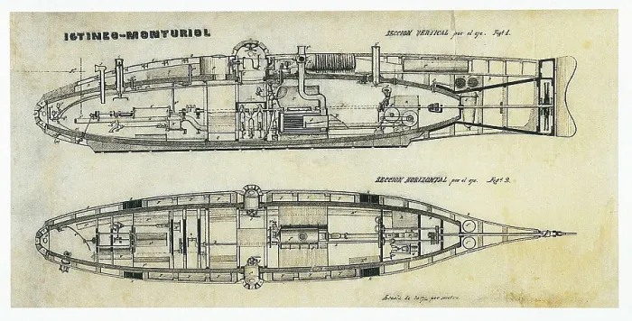Framed Print : MONTURIOL, Narciso (1819-1885). Plans of submarine Ictineo II, designed by Monturiol. Vertical and horizontal section across the axis of the nave. SPAIN. Barcelona