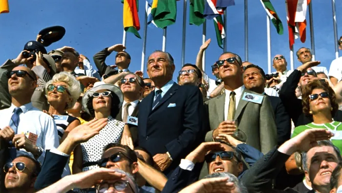 Framed Print : Moon launch. Vice President Spiro Agnew and former President Lyndon B. Johnson view the liftoff of Apollo 11 at Kennedy Space Center. July 16, 1969