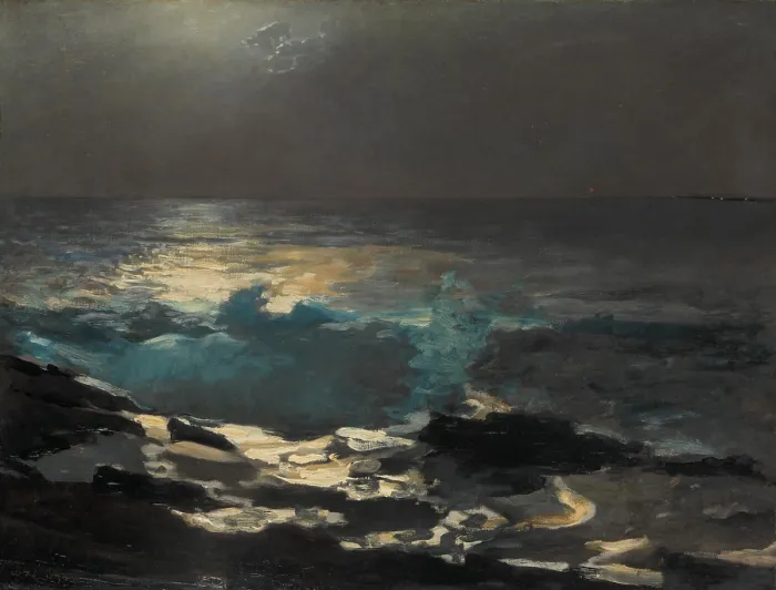 Framed Print : MOONLIGHT, WOULD ISLAND LIGHT, by Winslow Homer, 1894, American painting, oil on canvas. This work was painted by Homer on one summer evening in four or five hours work