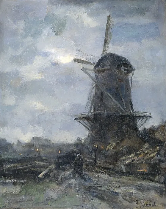 Framed Print : Mill at Moonlight. By Jacob Maris, c. 1899, Dutch painting, oil on canvas. Windmill in the foreground on a dirt road with a solitary figure walking near lanterns (BSLOC_2016_2_28) Framed Print : Mill at Moonlight. By Jacob Maris, c. 1899, Dutch painting, oil on canvas. Windmill in the foreground on a dirt road with a solitary figure walking near lanterns (BSLOC_2016_2_28)