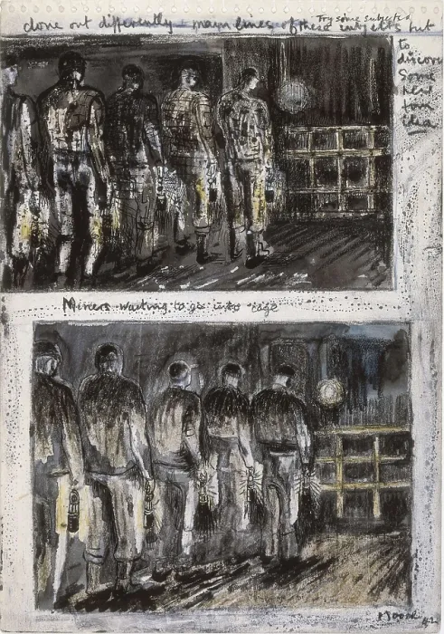 Framed Print : MOORE, Henry (1898-1986). Miners waiting to go into cage. 1942. Belonging to the coal-mining series. Drawing. Private Collection